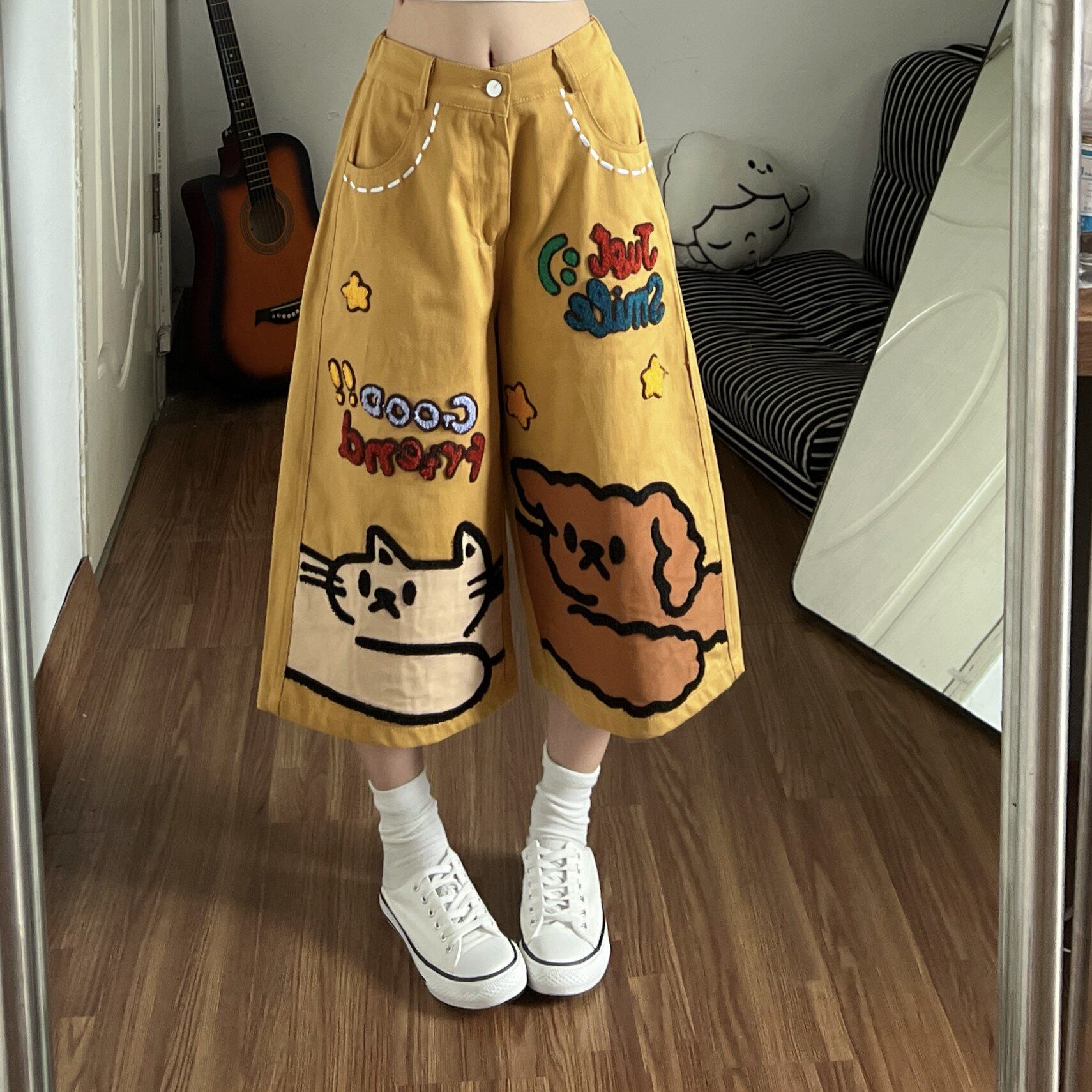 刺绣黄色牛仔短裤女七分裤休闲