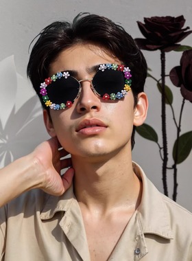 男女彩色花朵太阳镜时尚花环墨镜防紫外线可爱超甜美婚纱拍照眼镜