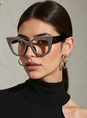 欧美夸张大尺寸彩色镶钻猫眼太阳镜男女士潮流眼镜派对舞会墨镜