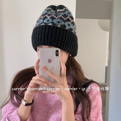 Carrier 费尔岛风针织帽子女秋冬氛围感菱格大头围保暖防寒毛线帽