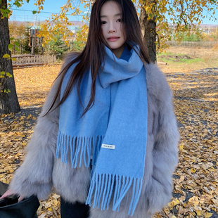 九尾同款 保暖亲肤百搭情侣围脖 ～出口韩国天蓝色流苏羊毛围巾冬季