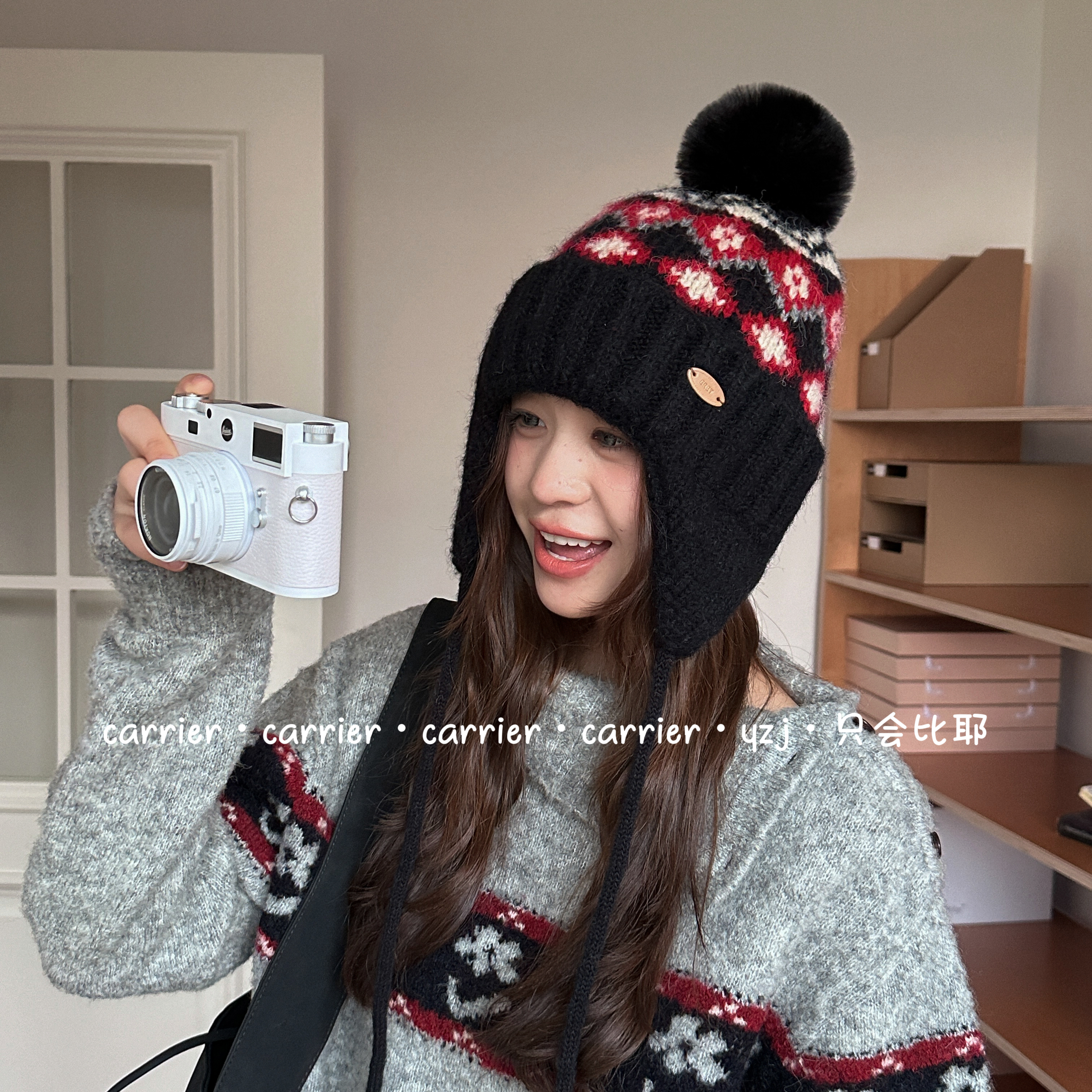 Carrier 针织帽子女冬季加厚绒护耳帽骑行保暖雷锋帽费尔岛毛线帽