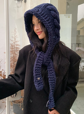 出口韩国～手工编织工艺粗线拉法帽男女同款冬季保暖搭配休闲围脖