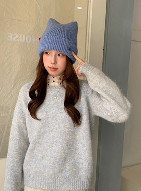 可爱尖角耳朵～韩系丝毛混纺纯色简约针织帽女冬季氛围感保暖帽子