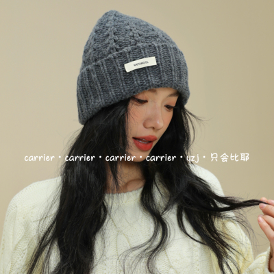 Carrier 韩国轻奢100%绵羊毛绞花设计款针织帽情侣百搭保暖毛线帽
