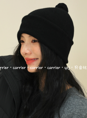 Carrier 韩国轻奢100%绵羊毛毛球堆堆帽情侣冬季百搭保暖针织帽子