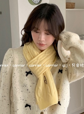 Carrier 手工针织～100%羊毛wool奶黄色围巾八字钩花显白保暖围脖