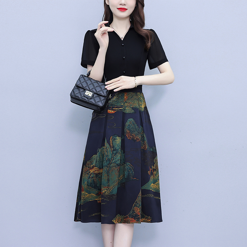 假两件印花连衣裙女士2025夏季新款时尚拼接收腰显瘦休闲别致裙子