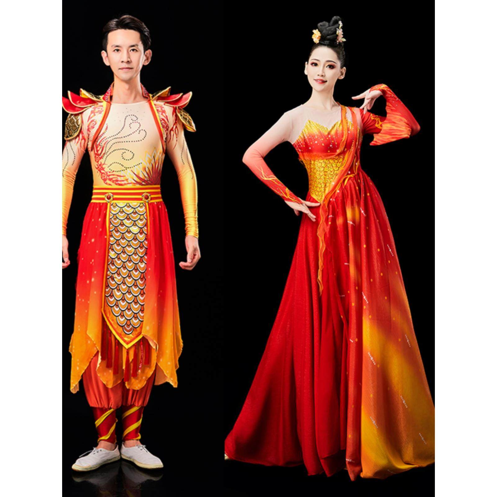 新款龙服舞龙舞狮大气开场舞大摆裙男女腰鼓打鼓服现代古典舞蹈服