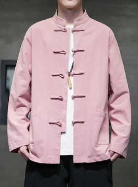 中国风男装棉麻长袖衬衫男秋季改良汉服新中式唐装盘扣上衣外套潮