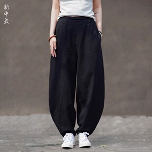 男夏季 男纯色休闲长裤 2025新款 束脚灯笼裤 宽松大码 亚麻棉麻弯刀裤