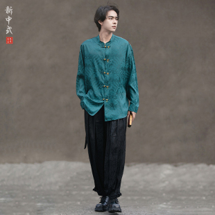 新中式春夏休闲暗纹提花男唐装衬衫中国风复古盘扣汉服中山装长袖