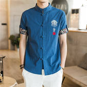 棉麻短袖 衬衫 男唐装 夏季 青年中国风刺绣立领盘扣亚麻上衣大码 复古