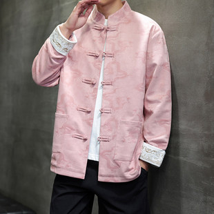 中国风男装鹿皮绒提花夹克春秋新中式复古唐装盘扣汉服中山外套男