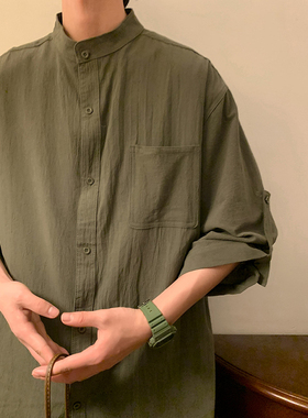 新中式无领棉麻衬衫男短袖夏季日系复古大码休闲7七分袖亚麻衬衣