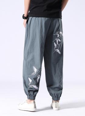 国潮裤子男夏季亚麻九分裤仙鹤刺绣运动裤束脚灯笼裤棉麻休闲长裤