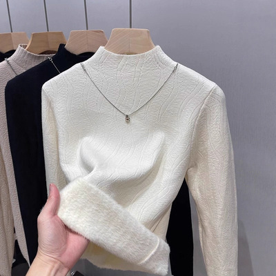 秋冬加绒加厚毛衣女学生一体绒内搭半高领针织羊毛羊绒打底衫上衣