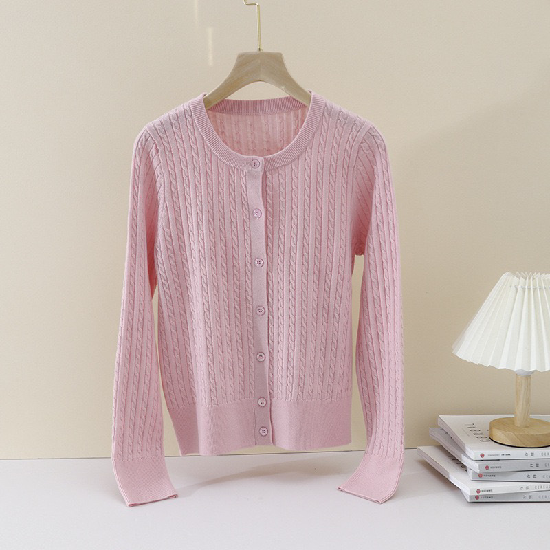 早春新款简约圆领长袖绞花针织羊毛开衫气质百搭小外套女打底毛衣