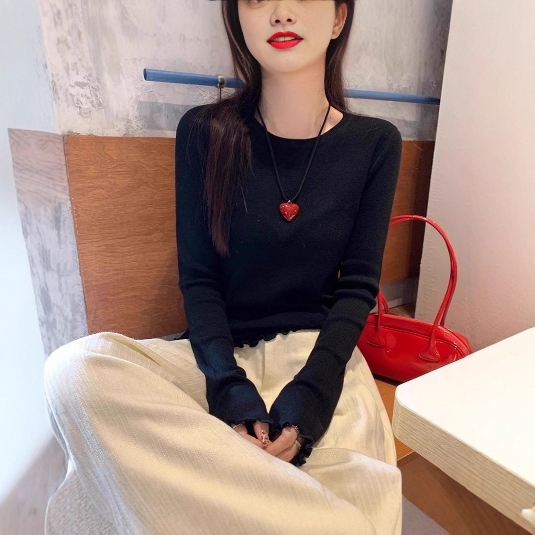 法式高级感镂空木耳边圆领针织衫女2025秋季气质百搭长袖毛衣上衣