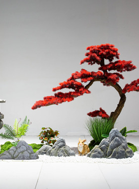 仿真树迎客松红色美人松新中式酒店橱窗楼梯室内绿植摆件景观造景
