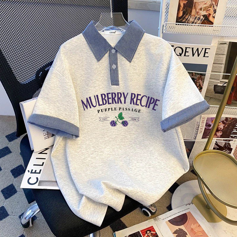 新款2026polo短袖夏季拼接翻领大码上衣格子宽松学院T恤洋气修身