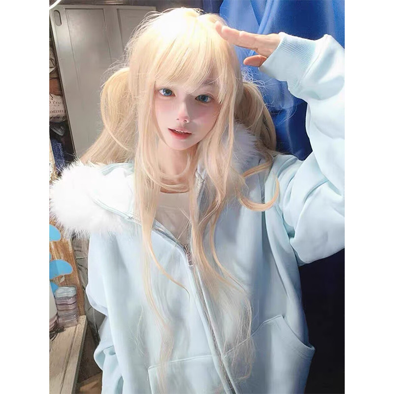 美式复古猫猫耳朵毛领连帽长袖卫衣女秋冬慵懒风加绒加厚拉链外套