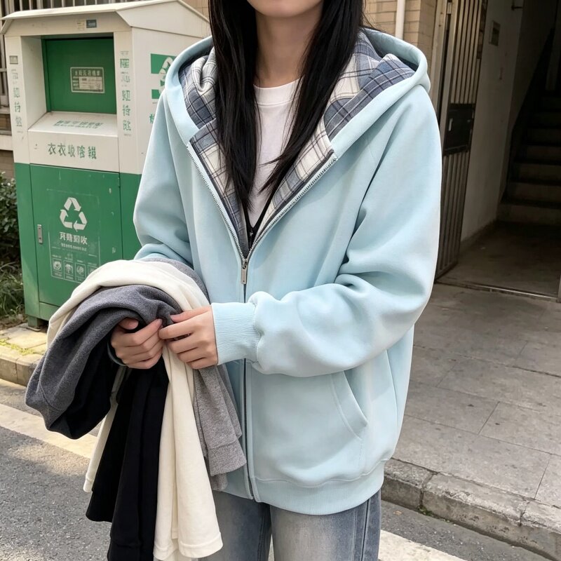 蓝色美式新款格子开衫卫衣宽松慵懒风连帽衫潮牌情侣连帽外套上衣