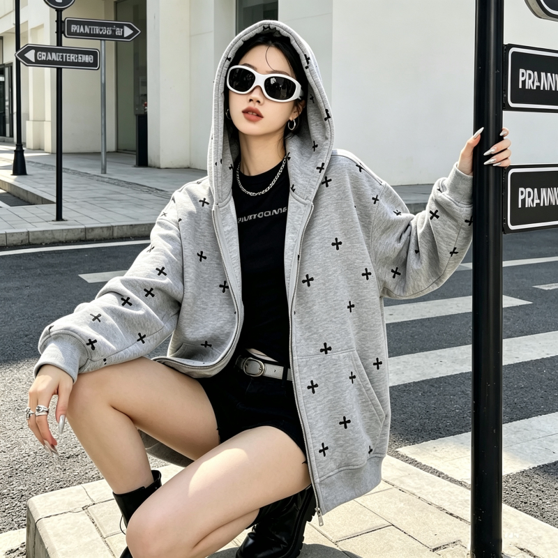 潮牌港风印花连帽拉链开衫女宽松休闲卫衣大码简约百搭款长袖外套