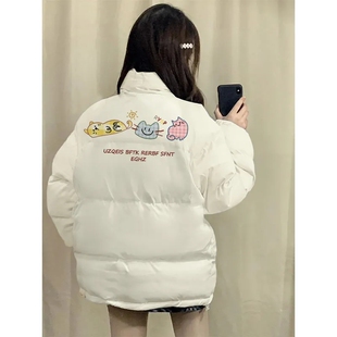 学院风米白慵懒棉服女大童冬季初中高中学生宽松加厚保暖外套棉袄