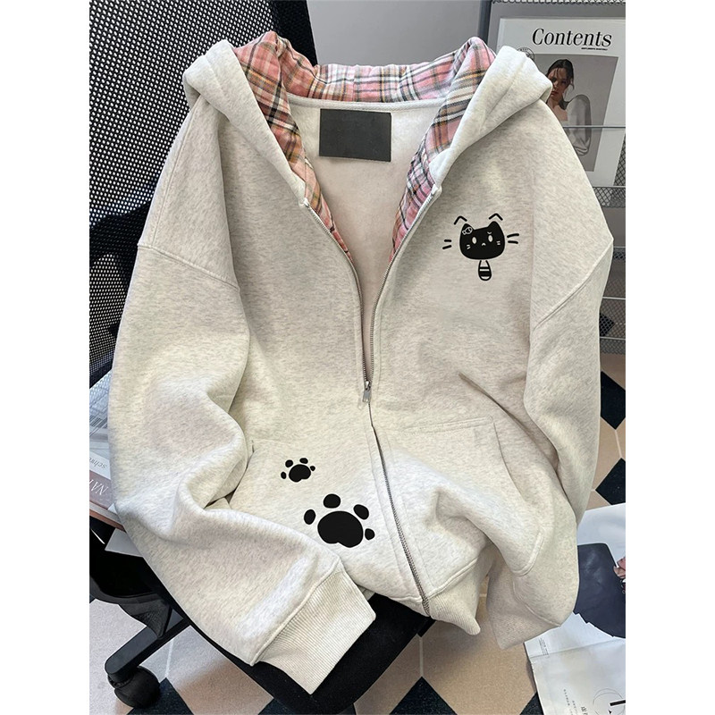 韩系chic别致卡通可爱卫衣开衫女秋季设计感小众格子拼接连帽外套