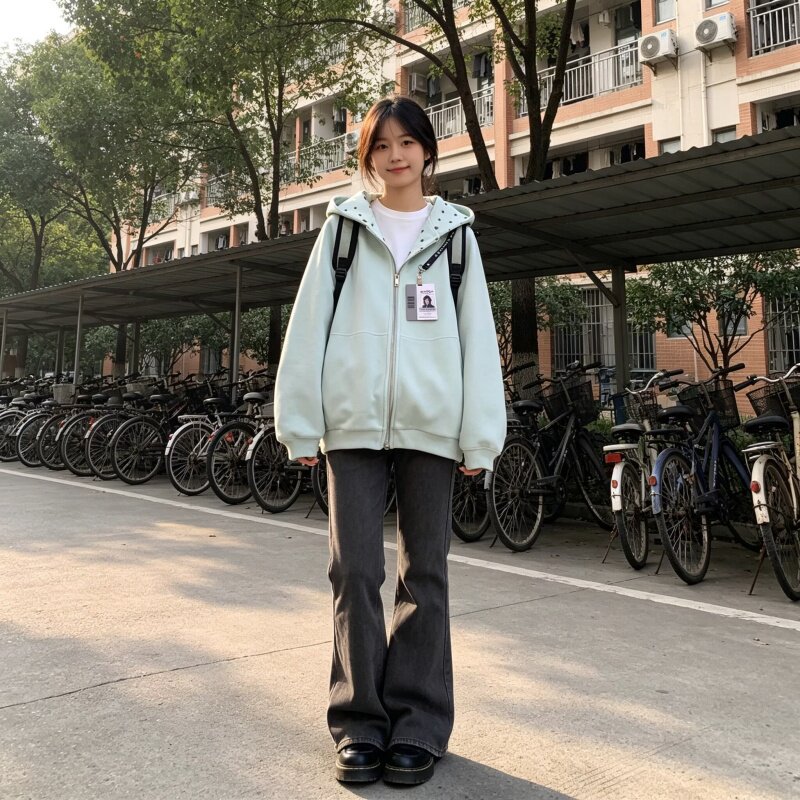 学院风可爱波点连帽开衫女 2026 秋冬季爆款日系简约气质宽松卫衣