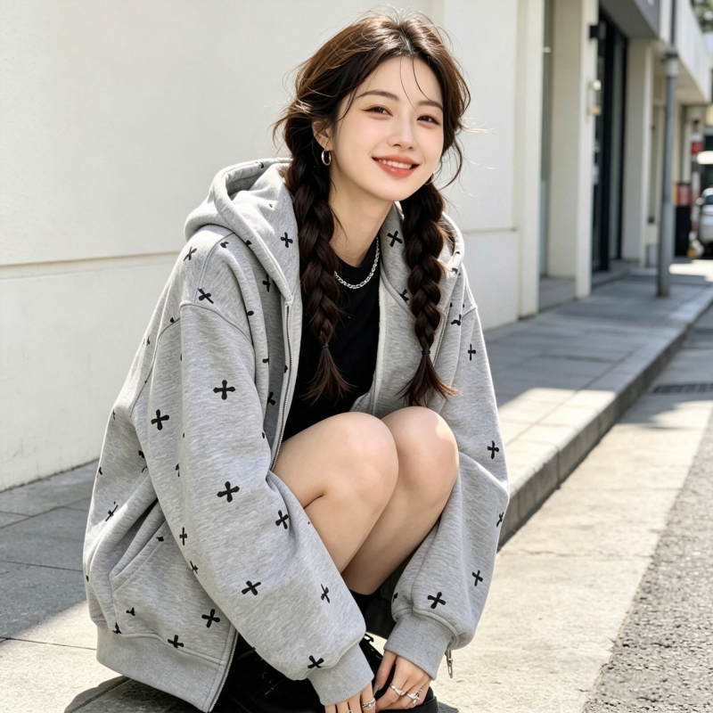 复古通勤风印花连帽拉链开衫女宽松休闲卫衣小众清新洋气长袖外套