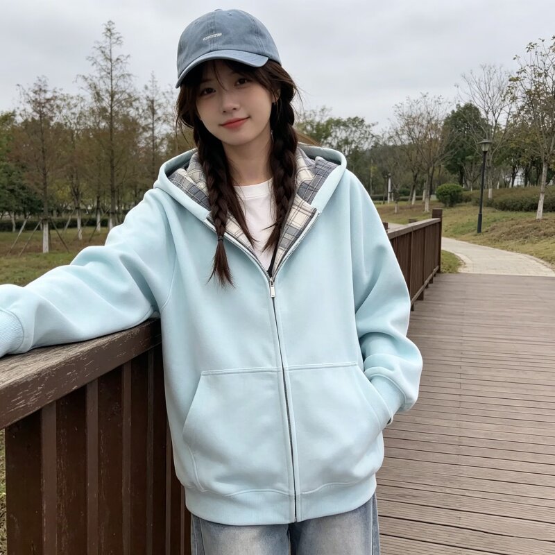新款蓝色美式格子开衫卫衣宽松慵懒风连帽衫拼接潮牌情侣外套上衣