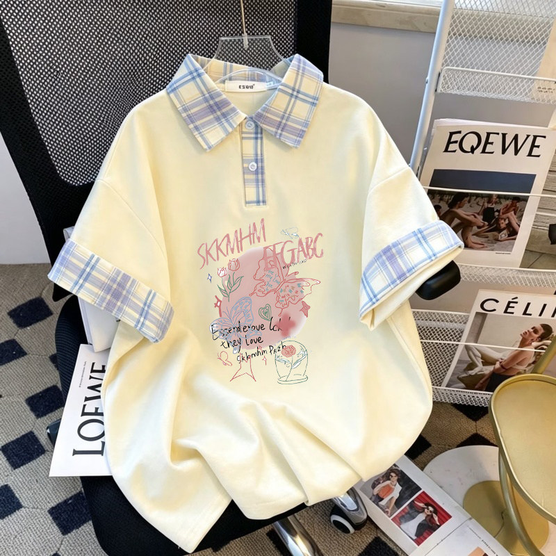 软妹风印花 Polo 衫女日系宽松舒适夏季新款学院风显瘦学生党上衣
