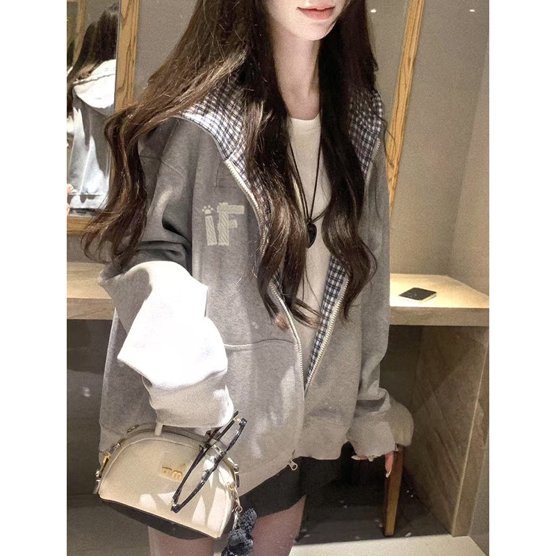 美式复古格子连帽卫衣女春秋oversize薄款外套宽松慵懒风开衫上衣