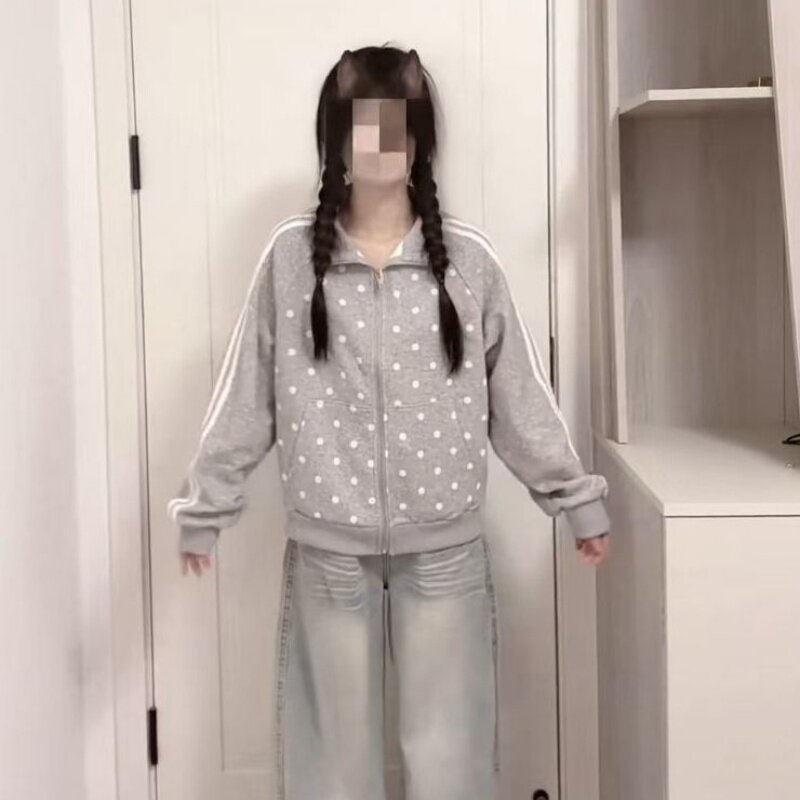 气质女款外套波点满印拉链开衫韩版可爱百搭休闲大码长袖甜美上衣