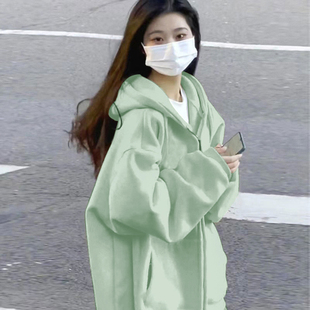 新款美式复古连帽开衫卫衣女秋冬初中高中学生宽松多巴胺爆款外套