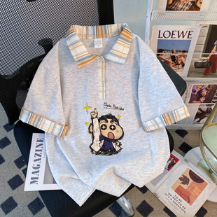 新款2026格子夏季美式宽松polo翻领短袖T恤学院大码上衣洋气修身