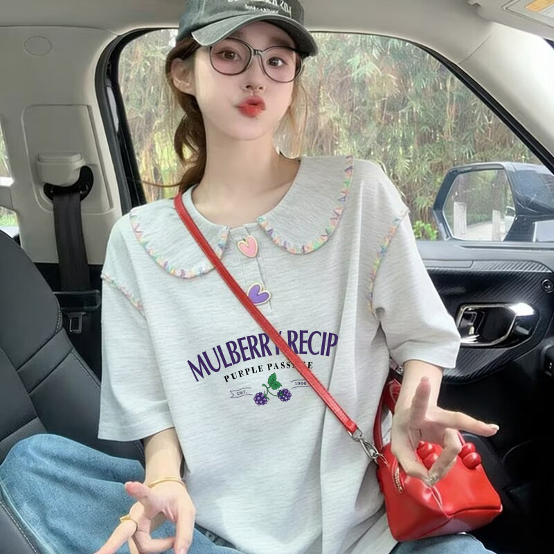 清新娃娃领卡通印花短袖大码T恤女款夏季宽松小个子休闲减龄上衣