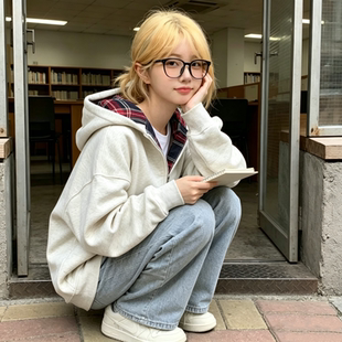 美式秋冬慵懒复古格子拼接卫衣开衫学院拉链连帽INS外套超火爆款