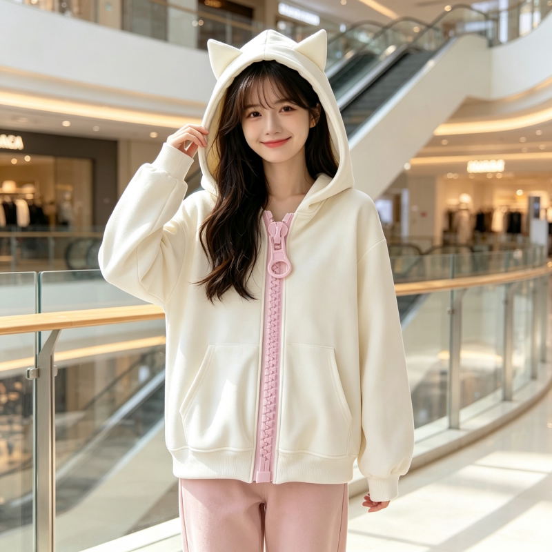 设计感千禧大拉链猫耳连帽卫衣百搭韩版2026秋季女生休闲宽松外套