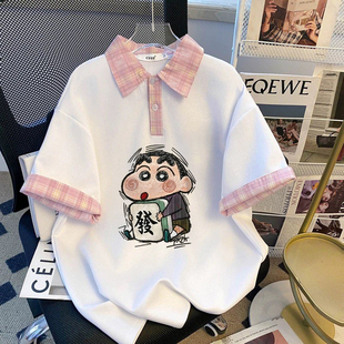 韩版polo领短袖夏装2026新款学生学院班服假两件宽松百搭上衣ins