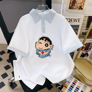 格子POLO衫女式T恤短袖日常ins半袖常规款休闲装夏季印花卡通动漫