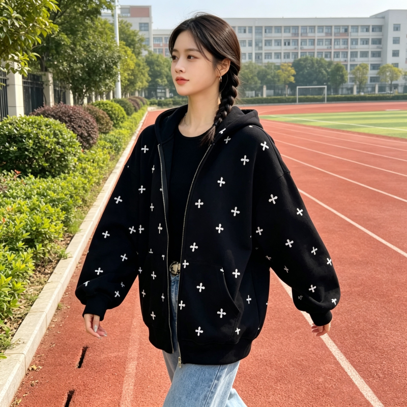 港风减龄百搭印花连帽拉链开衫女宽松休闲卫衣气质简约款长袖外套