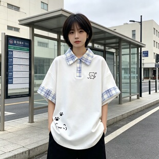 2026新款美式复古ins超火翻领学院风甜美高级休闲时尚短袖T恤女款