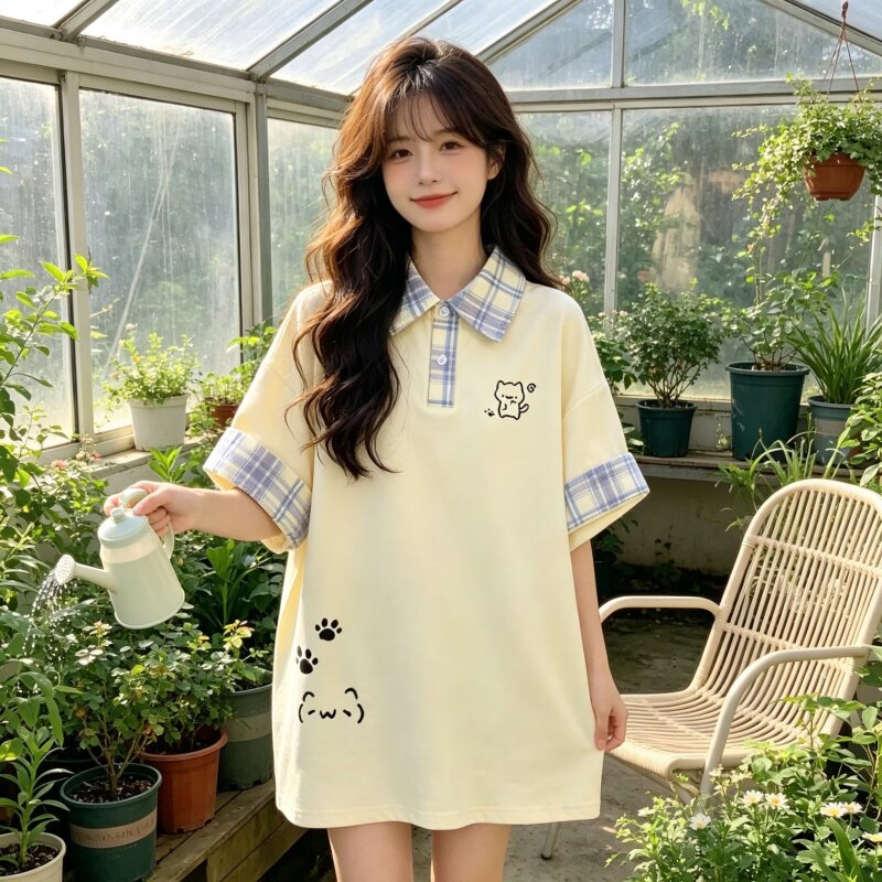 美式简约宽松耐看格子印花 Polo 衫女装有领复古通勤基础短袖上衣