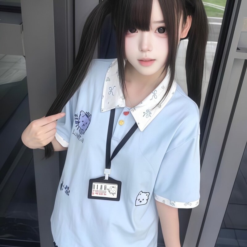 2026年夏季复古学院风刺绣狗狗polo衫上衣女大码宽松百搭短袖t恤