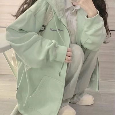 多巴胺加绒开衫外套女春秋季新款oversize韩系慵懒风连帽拉链卫衣