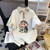 设计印花polo领短袖 拼接情侣潮流 新款 男女t恤2026夏装 学院风韩版