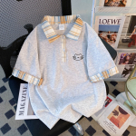 上衣POLO拼接polo女外短袖夏季高级格子ins清新学院百搭大码潮牌